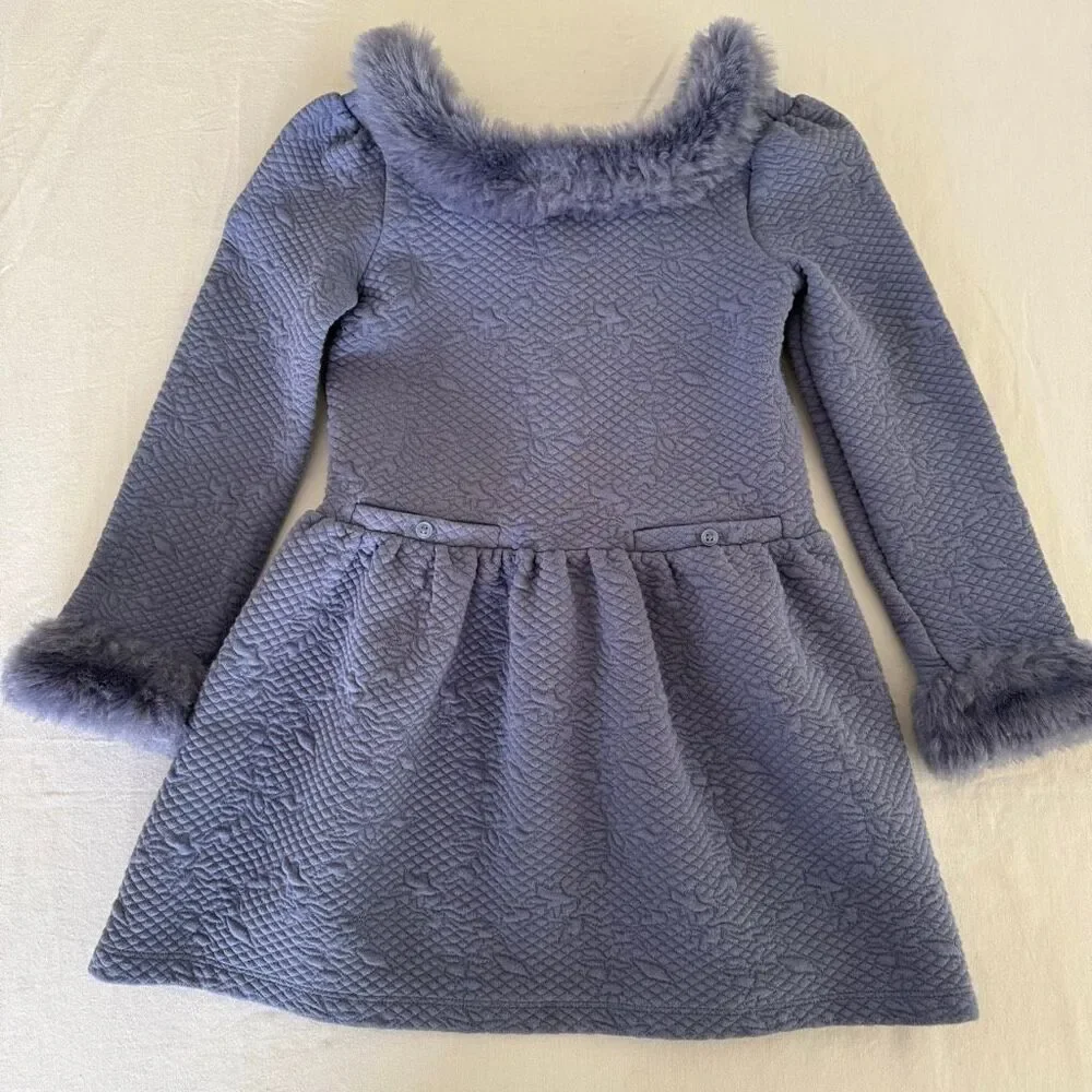 Janie and Jack | Lilac Textured Floral Knit Dress | Faux Fur Trim | Girls 6